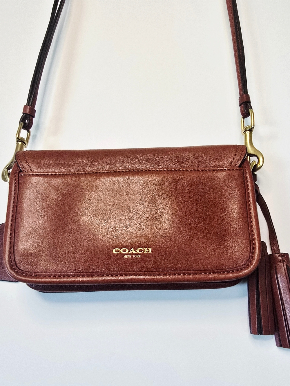 COACH VTG Y2k Legacy Cognac Leather Penny Crossbody Purse Tassels Turnlock - Picture 5 of 16